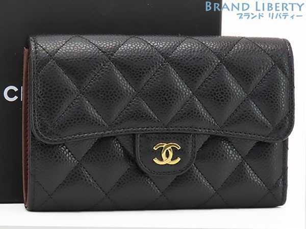 新古品シャネルマトラッセココマークキャビアスキンクラシックフラップミディアムウォレット三つ折り財布ブラックゴールド金具