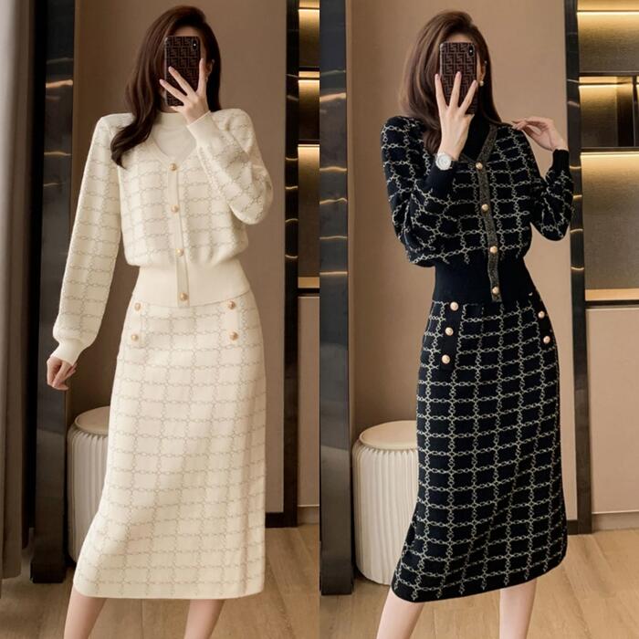 セットアップ レディース ニット トップス スカート 長袖 チェック ハイネック エレガント カジュアル きれいめ ミモレ丈 大人 可愛い レイヤード おしゃれ 体型カバー 2点セット ベージュ ブラ