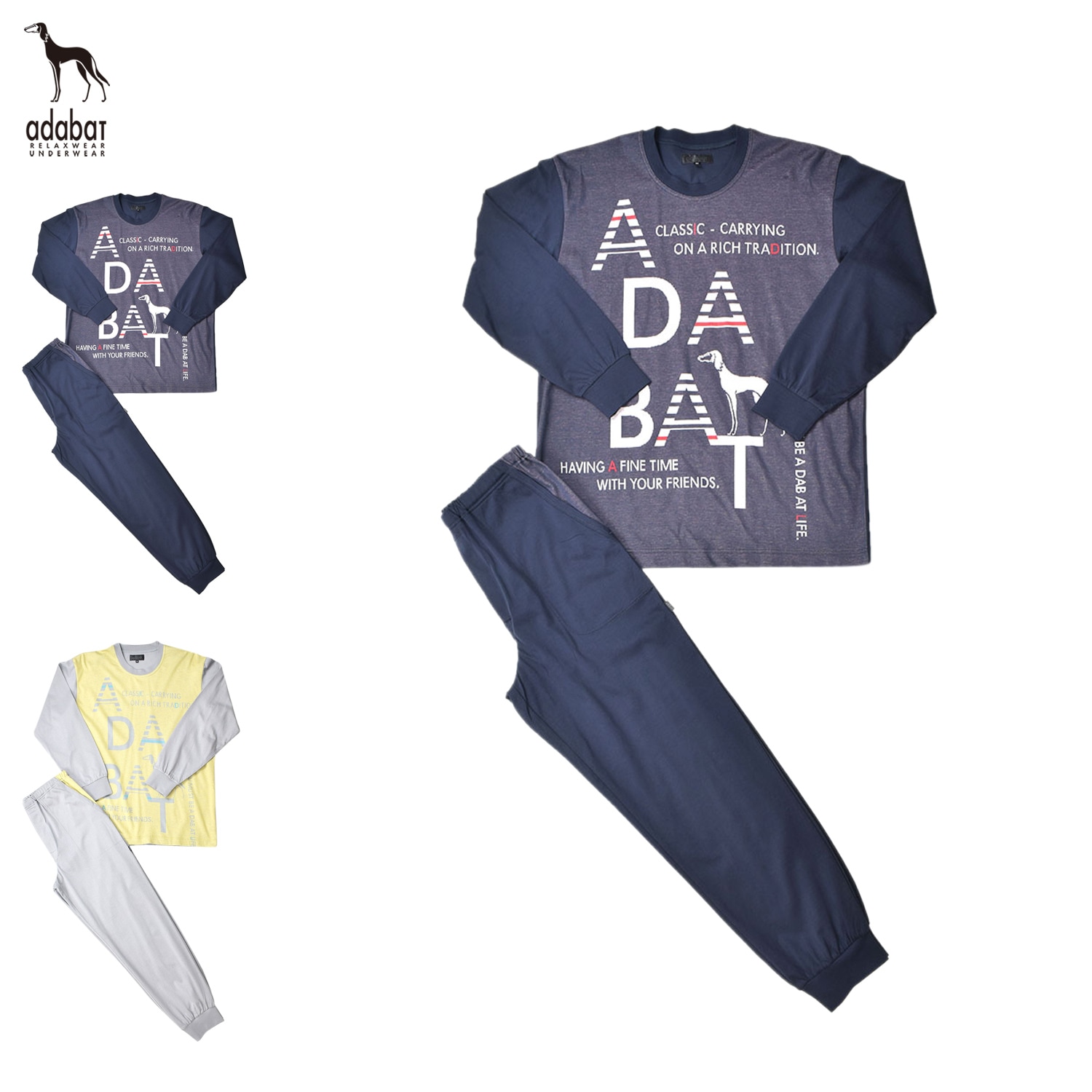 ルームウェア 部屋着 パジャマ 上下 セットアップ ナイトウェア 長袖 クルーネック メンズ 上着 ネイビー イエロー 0246-95