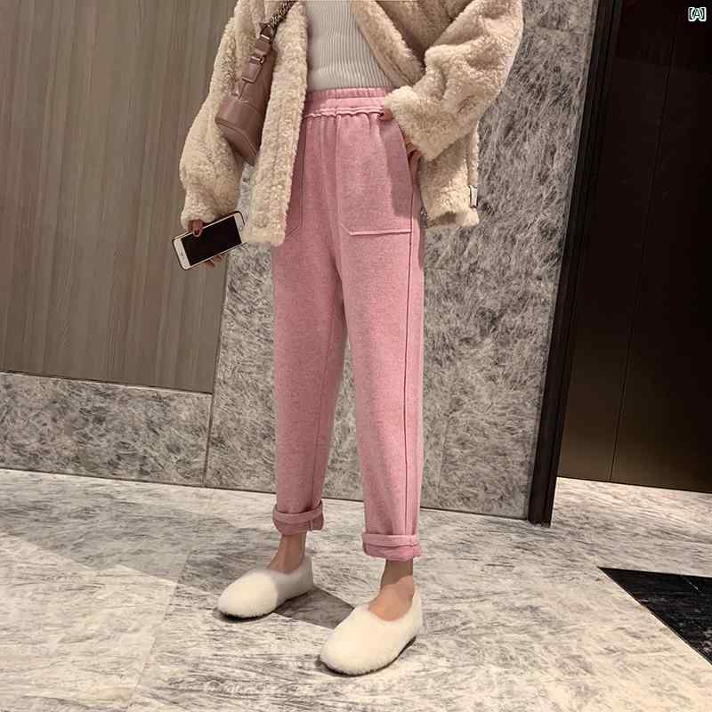 春秋 レディース 無地 カジュアル パンツ 韓国 レトロ 大きいサイズ スリム ウールおばあちゃん