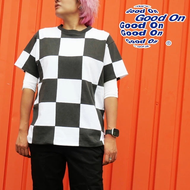 グッドオンGood On Tシャツ メンズ GOST2507 ピグメント パッチワーク S/S ティー レディース 半袖 トップス カットソー ウェア 市松模様 アパレル クルーネック 丸首 服 白