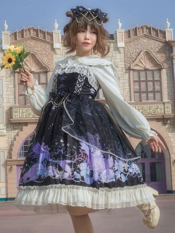 【全店任意2枚購入で100円OFF】甘ロリ　JSKドレス　人魚ひげ柄　フリル　ロリータジャンパースカート