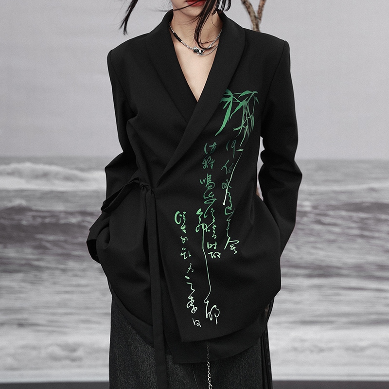 チャイナ風アウター 重ね着風 レディース テーラードジャケット 黒 コート ブレザー 竹柄 長袖 ゆったり 合わせやすい 個性的