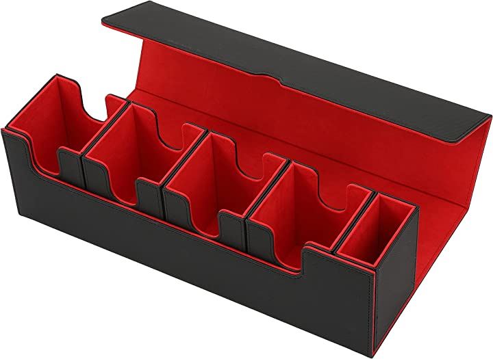 トレカ デッキケース マグネットで取り外し可能 デッキ入れ４個 ＋ ダイス入れ カードケース(ブラック＆レッド, ダイス入れあり)