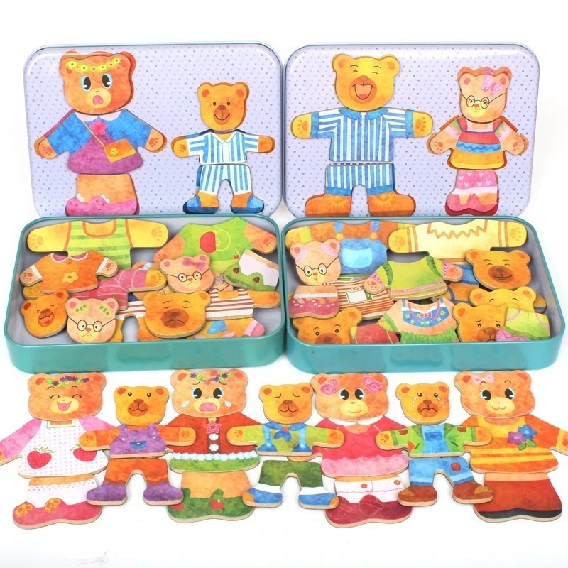 木製アイアンボックス マグネットベア お着替え組み立て ペアゲーム パズル 啓蒙 早期教育 子供 知育玩具
