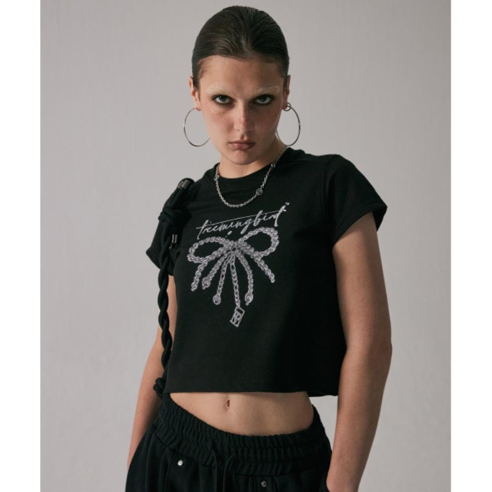 TREEMINGBIRD Sliver Ribbon Crop TShirts Black TMB242HT