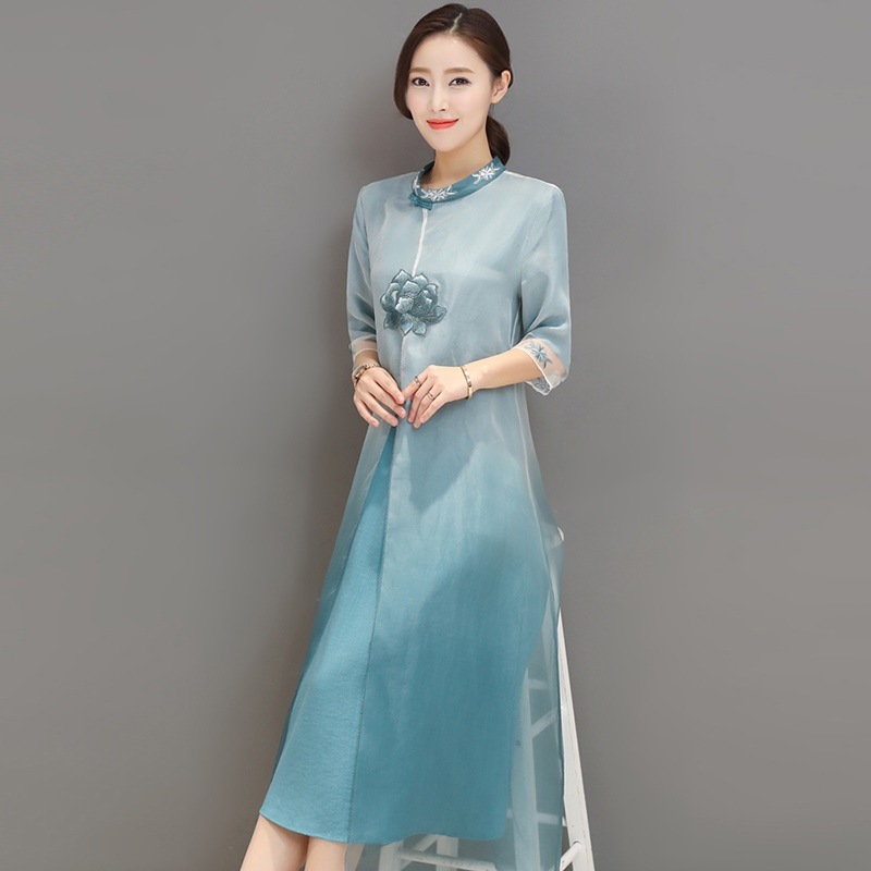 1559.チャイナ風ハイネックロングワンピース（ブルー） 2019 春夏 sale 食事会 フォーマル イベント レストラン パーティー