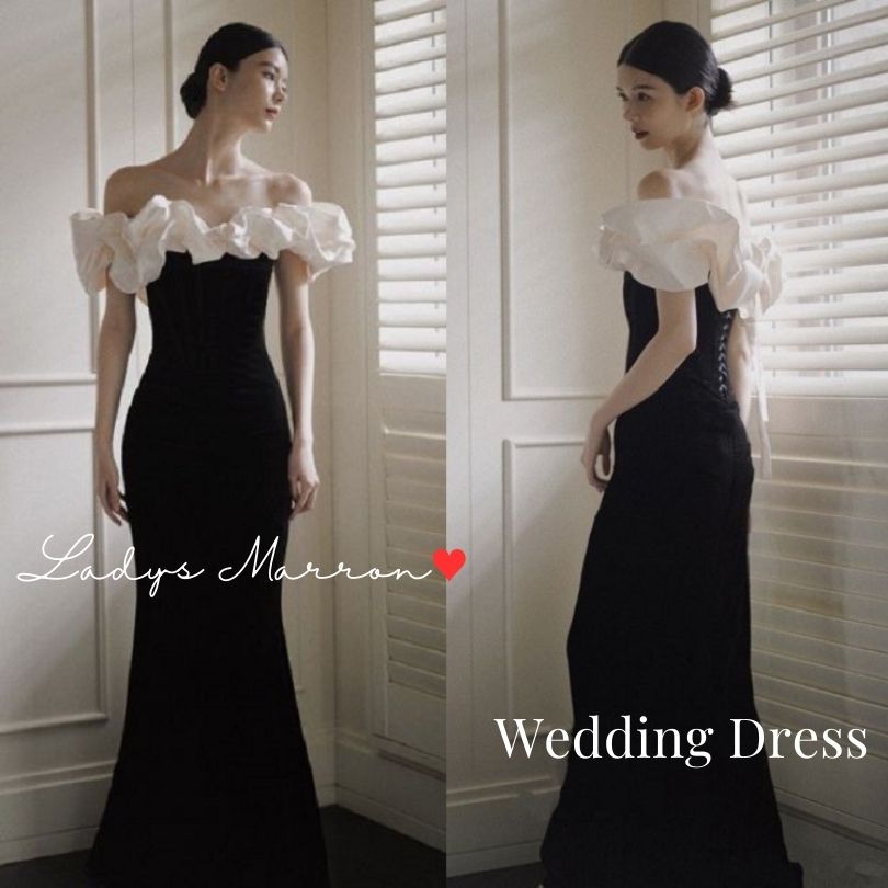 【急速出荷 2025年新作】ウェディング ドレス マーメイド 黒 オフショルダードレス 花嫁 前撮りドレス かわいい 花嫁二次会ドレス フォトウェディング 二次会ドレス 韓国 無地 マーメイドライン