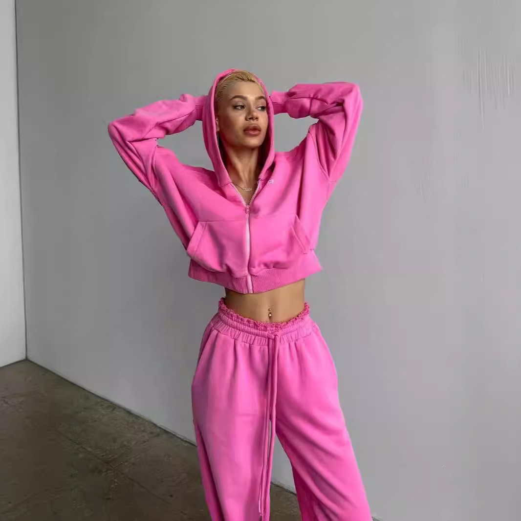 レディース秋用デザインカジュアル厚手ファッションツーピースセットジッパーフード付きスウェットシャツストレートパンツ 6,419円