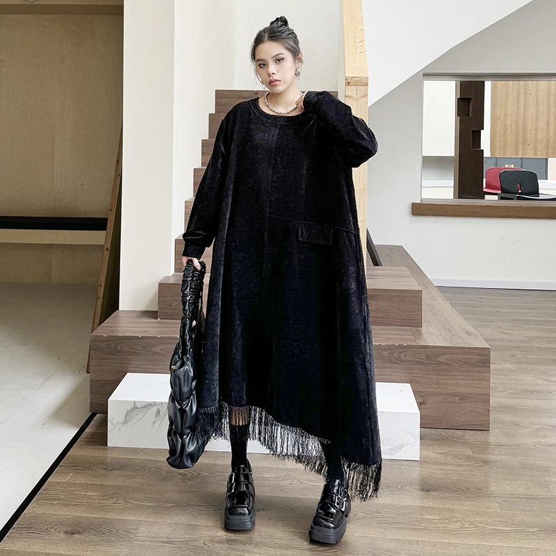 【J.Fashion】 2024秋冬新品 ニットワンピース ドッキング フリンジ レディース ロングワンピース メガ割30%までに制限