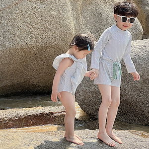 韓国の子供水着男女の赤ちゃんの日焼け止め速乾ストライプ水着長袖セットカジュアル洋風水着