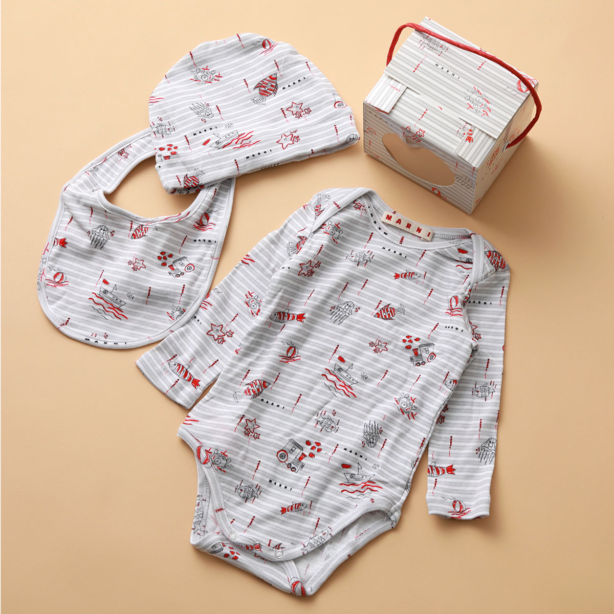 MARNI KIDS マルニ キッズ ベビー ギフトセット M01249 M00T6 ガールズ ボーイズ ロンパース+スタイ+帽子 3点セット ストレッチコットン 0M919