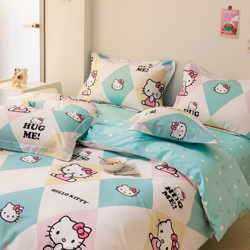 ハローキティ純綿子供漫画ガーリーハート純綿女の子ベッドシーツと掛け布団カバーの3点または4点セット