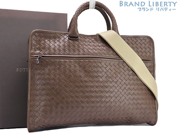 美品ボッテガヴェネタイントレチャートブリーフケースビジネスバッグ書類かばんブラウニーブラウンカーフレ