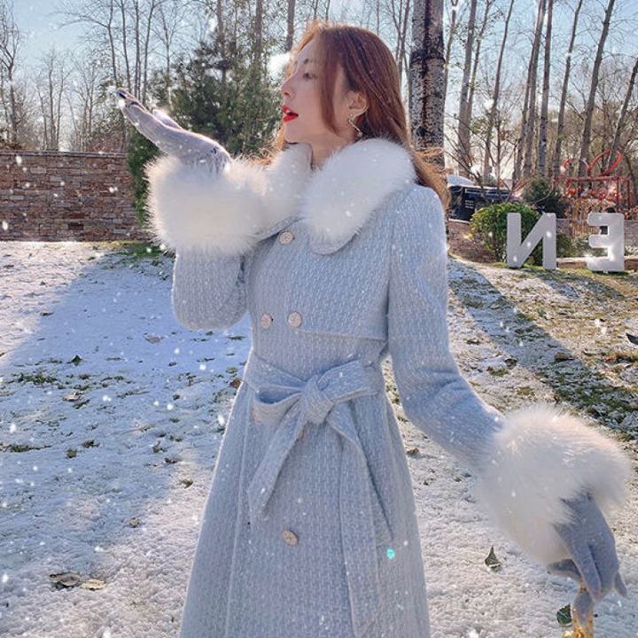 ファーカラーウールブレンドロングコート フェイクミンクカシミア アウターウェア ベルト付き ウールコート ロングコート ジャケット. コート. アウター