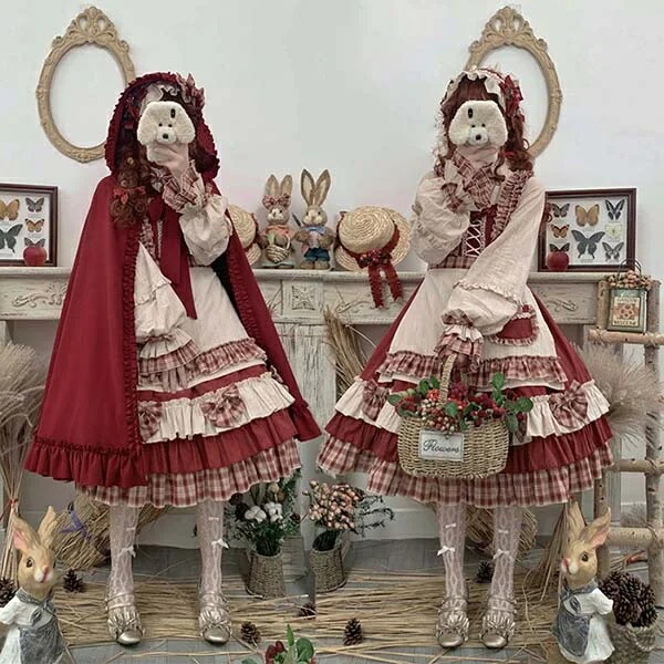 凄く人気がある ロリータ ワンピース ゴスロリ Aライン リボン Lolita レディース コスチューム 衣装 かわいい フリル 仮装 パーティ 髪飾り エプロン マント イベント ファッション 赤ず