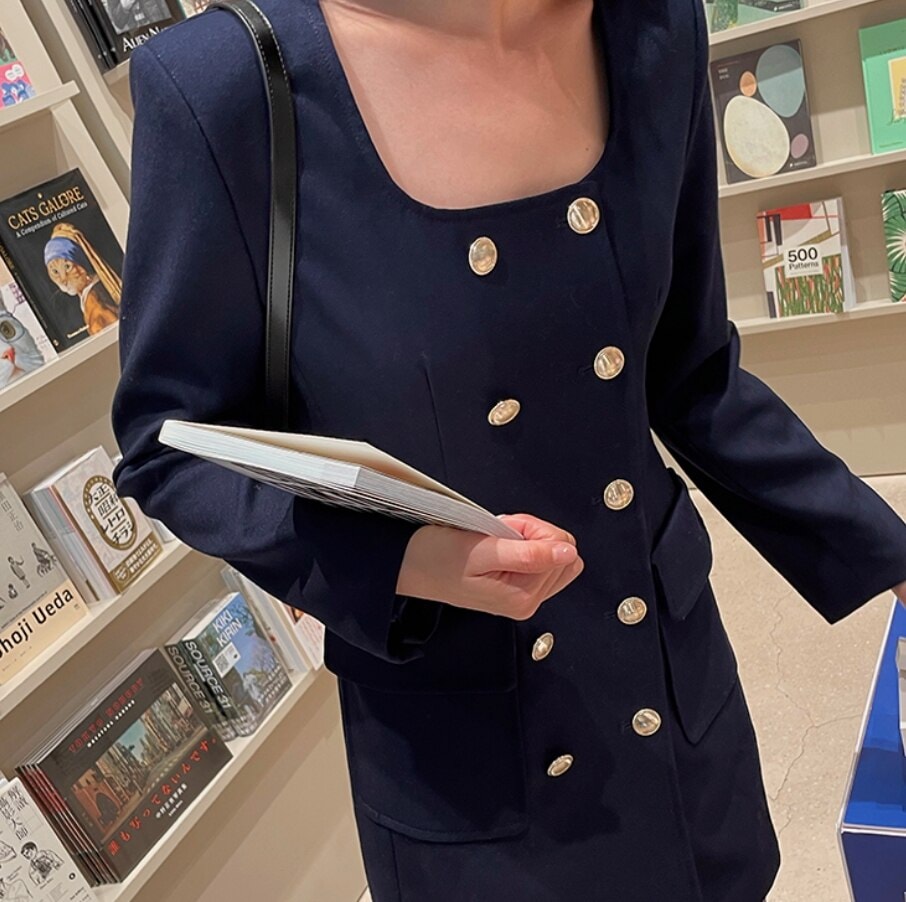 ワンピース ドレス ミニ 長袖 スクエアネック タイト 細身 マリン ダブルボタン かわいい 大人可愛い きれいめ シンプル 上品 おしゃれ 春 夏 デート お出かけ イベント パーティ 韓国 M L