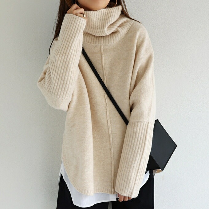 天竺編み オーバーサイズ ラウンドヘム タートルネック ポンチョ ニットトップス レディース 体型カバー