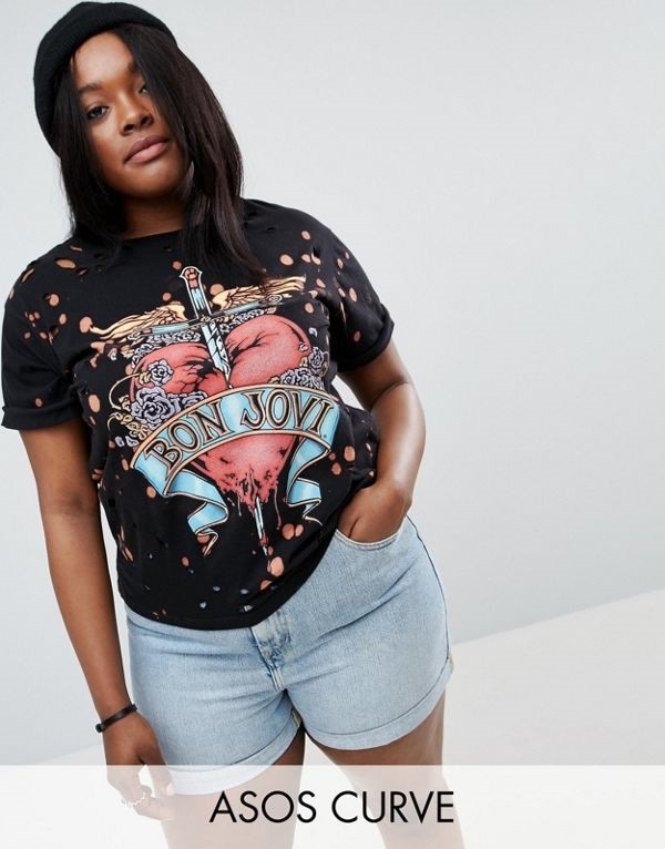 ASOS エイソス レディース 大きめサイズ ゆったりサイズ 送料無料 Black CURVE T-Shirt with Bon Jovi and Bleach Splatter