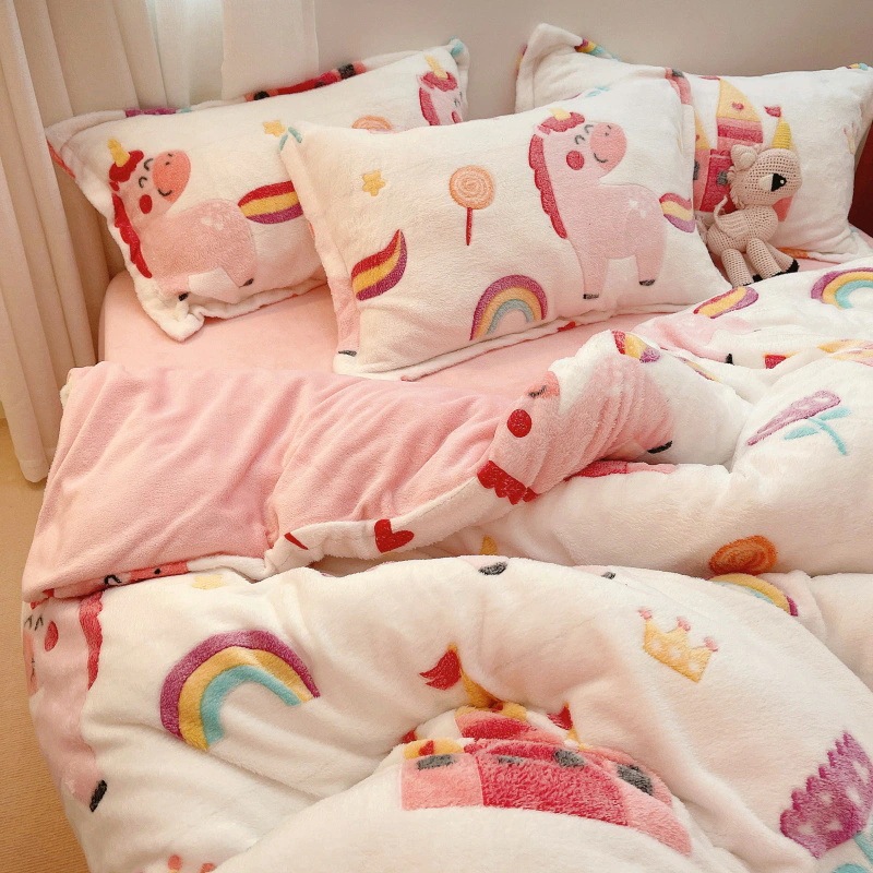 布団布団セットマットレスカバー ベルベット 漫画 寝具 4ピース コーラルベルベット キルトカバー スノーフレーク ミルクベルベット シーツ フランネル