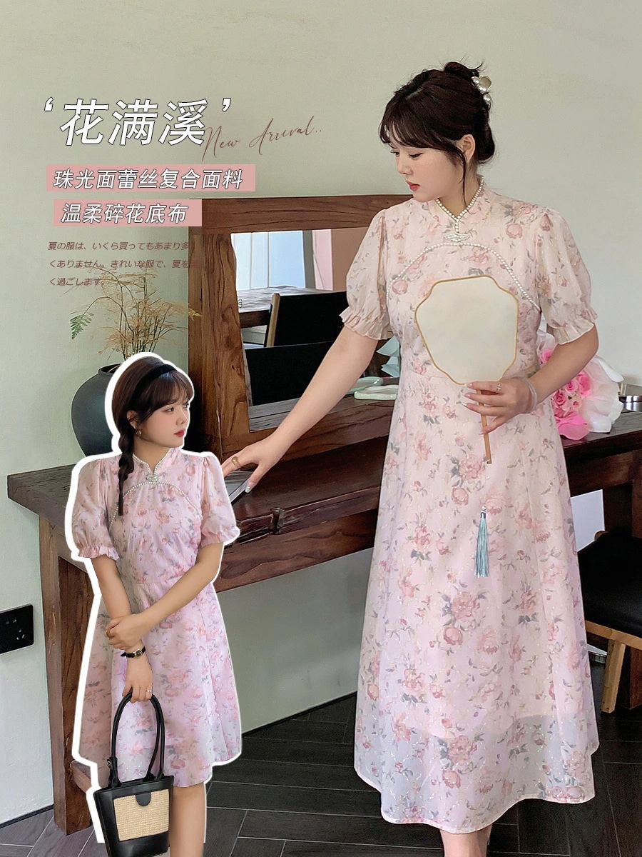 【ぽちゃまに】 夏 中華風 ワンピース 大きいサイズ レトロ レース 体型カバー 長/短2タイプ チャイナドレス 柄ワンピース