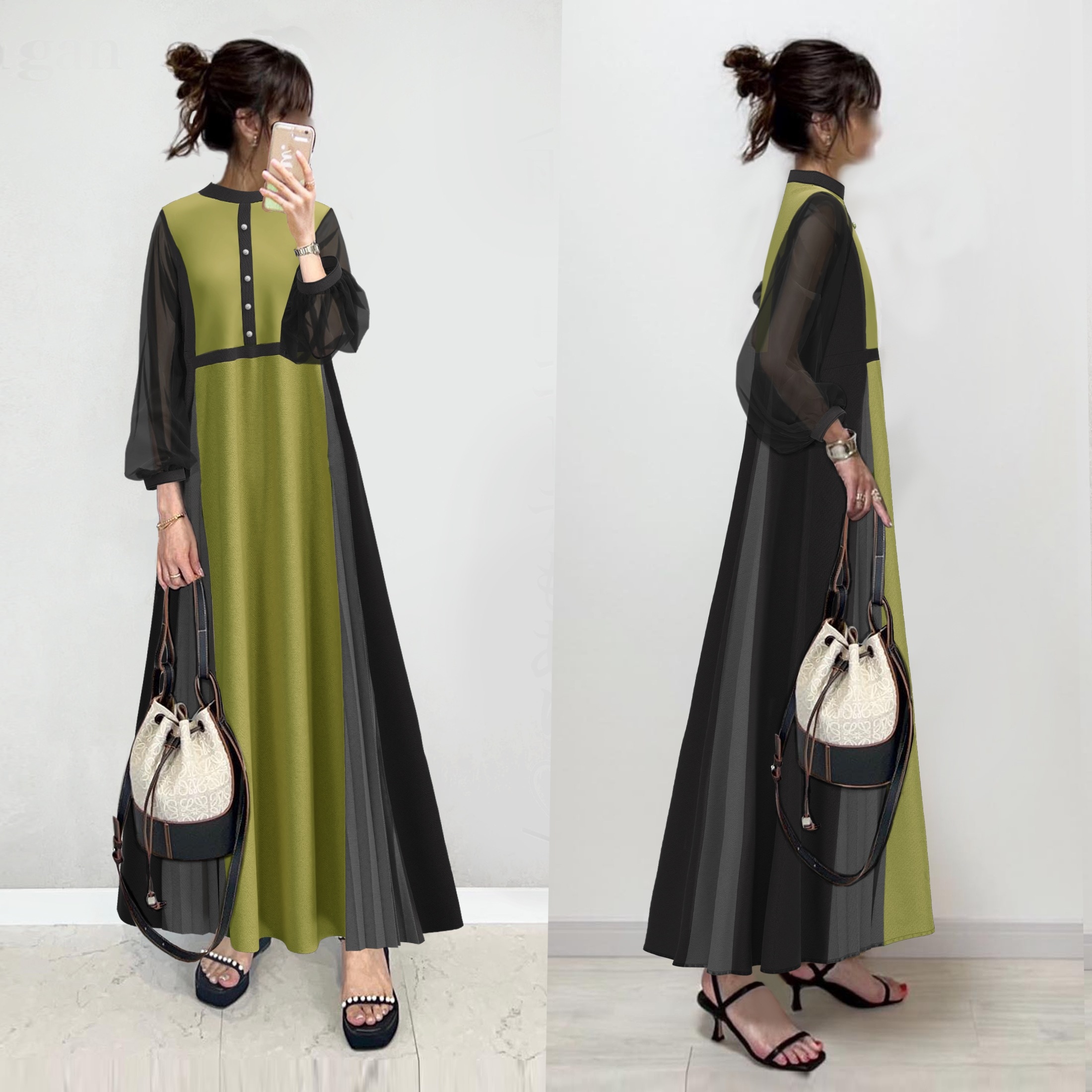 【クラシックに上品】 ファッション感満々 ナチュラル パフスリーブ ラウンドネック 九分袖 プリーツ 配色 カジュアル ワンピース