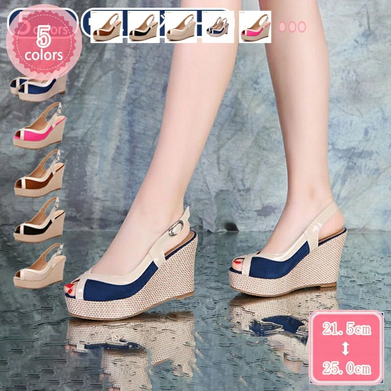 1000円OFFクーポン ウェッジソール サンダル レディース 厚底 痛くない ヒール 9.5cm オープントゥ パンプス サンダル バックストラップ バックベルト バイカラー 厚底 サンダル 歩きや