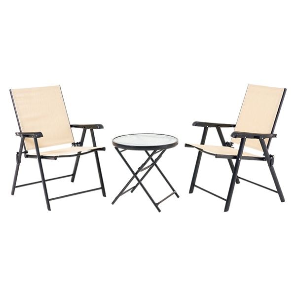 ガーデン テーブル＆チェア セット ベージュ 机：約直径51cm1 椅子：約幅60cm2 折りたたみ 収納便利 強化ガラス 完成品