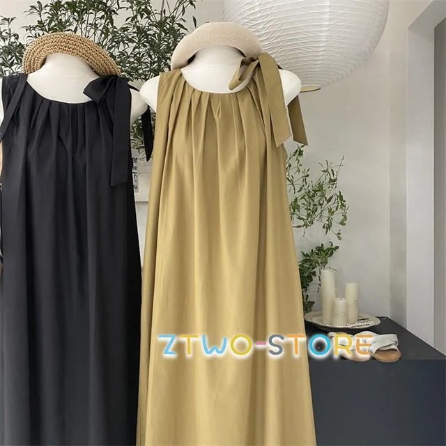 ワンピースドレスその他 ワンピースドレスワンピース 春 ワンピース ロング 夏 カジュアル ショルダーリボン ゆったり レディース ワンピース 肩紐リボン 黒 体型カバー ノースリーブ ワンピ