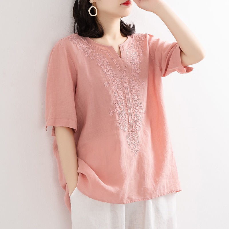 綿麻刺繍シャツVネック純色女性文芸ゆったりカバーヘッド短い刺繍袖口ボタンの新型
