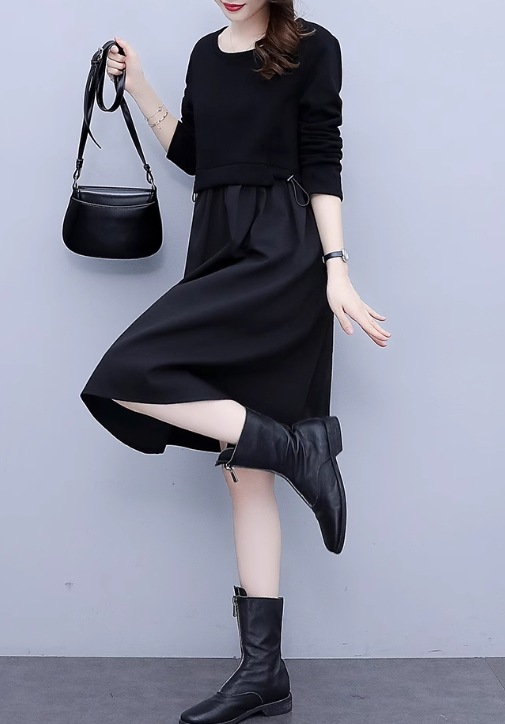 レディース ワンピース カットソー 膝丈 膝下 長袖 Uネック Aライン 切り替え ウエストマーク 異素材ミックス かわいい 大人可愛い きれいめ カジュアル ラフ メンズライク マニッシュ