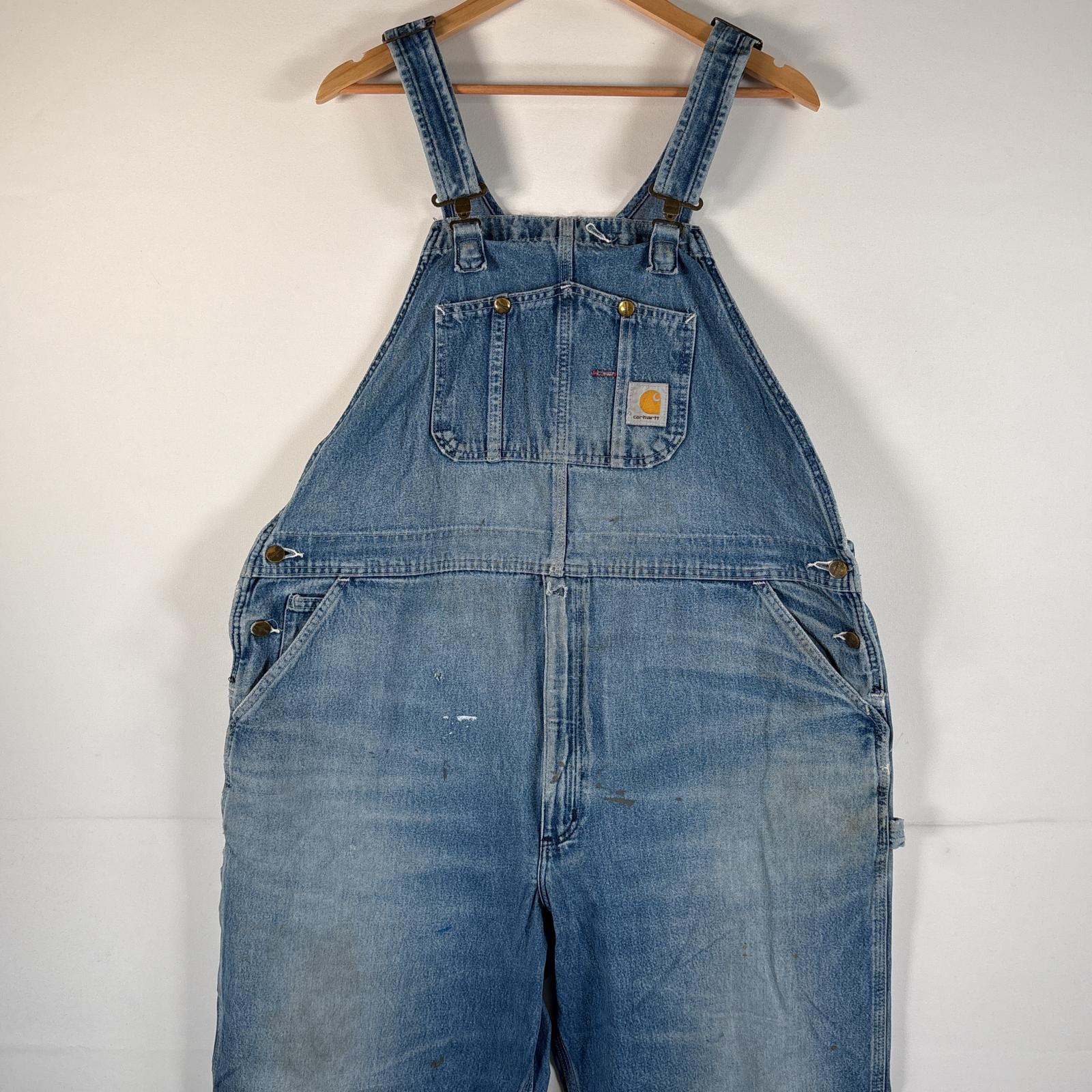 古着 オーバーオール デニム ワーク ワンポイントロゴ 大きいサイズ ハンマーループ スパナポケット ブルー系 メンズ