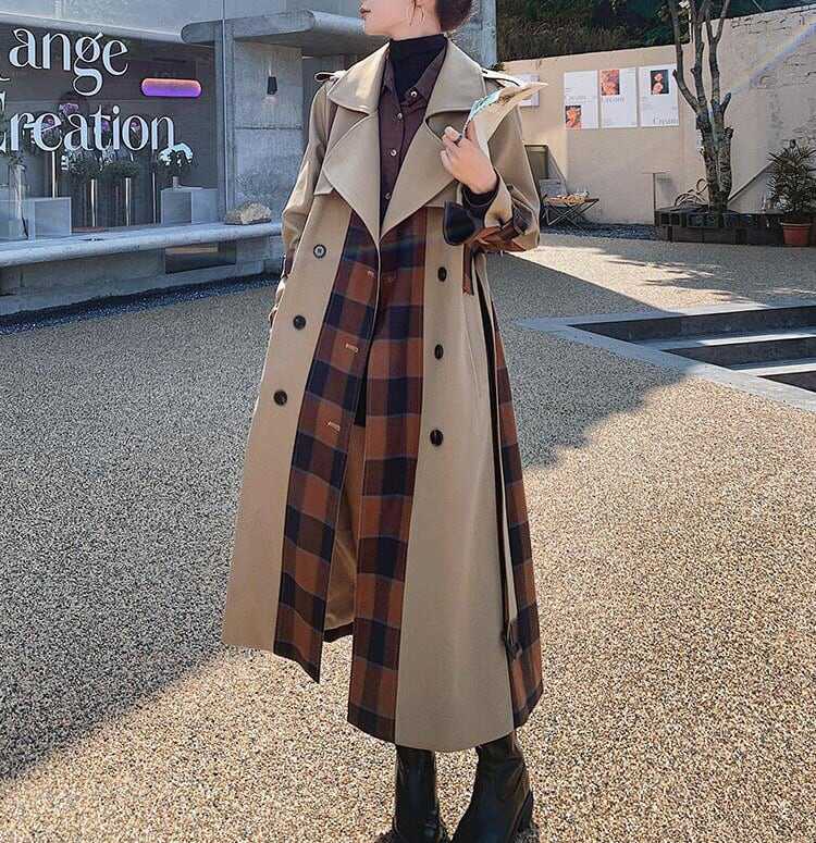アウター 上着 コート トレンチコート Ａライン くるぶし丈 マキシ丈 膝下丈 ミモレ丈 ロング丈 チェック 格子柄 無地 襟付き ダブルブレスト 体型カバー スタイルアップ 可愛い かわいい lou