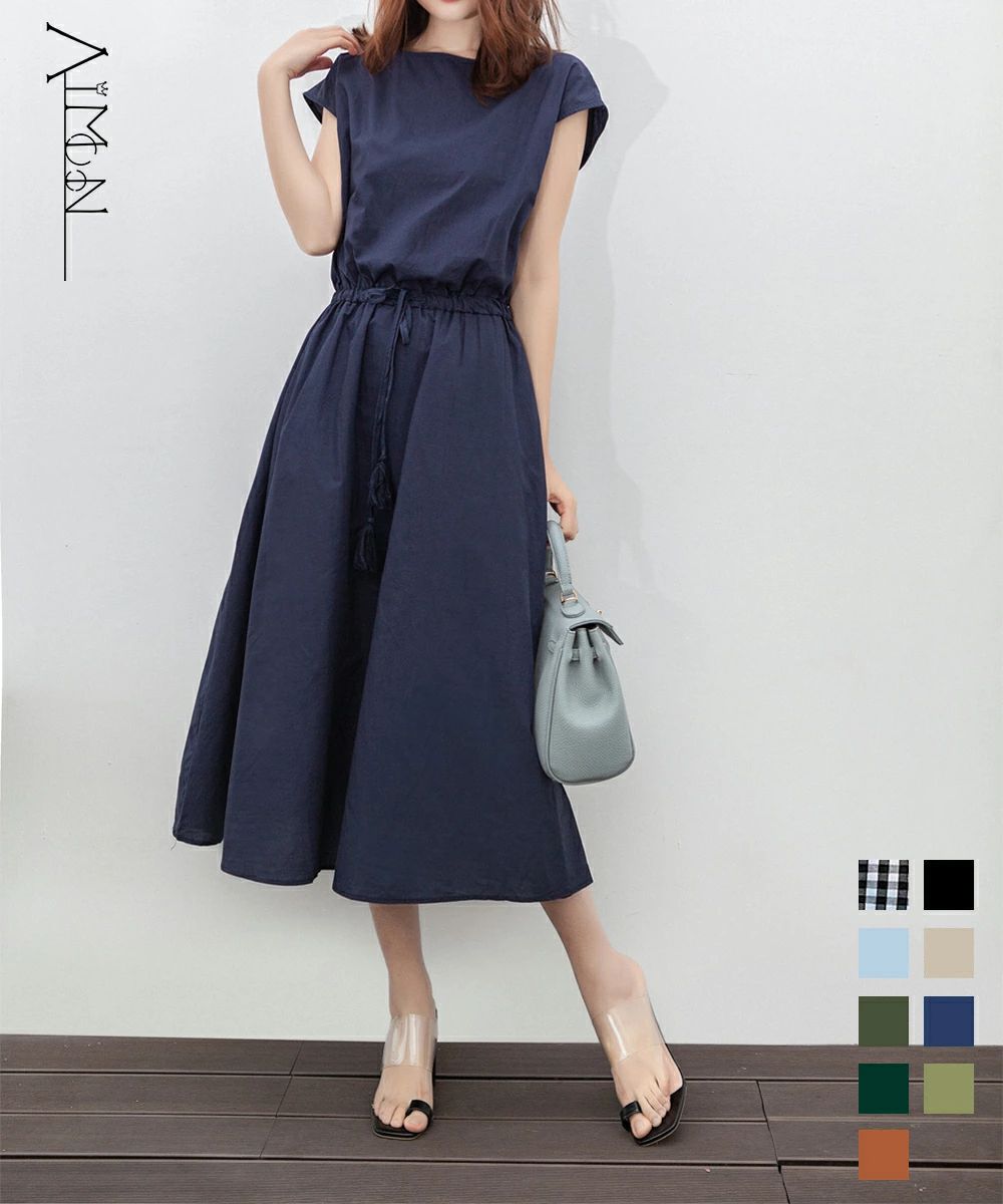 リネンワンピース フレンチスリーブ ウエストマーク ワンピース ゆったり ロングワンピース 春夏 ナチュラルワンピース 半袖 韓国