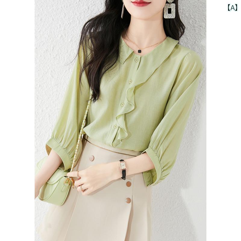 トップス レディース おしゃれ 上品 通勤 オフィス カジュアル 夏 服 フレッシュ シフォンシャツ フリル ステッチ シック 薄手 涼しい 涼しい ス