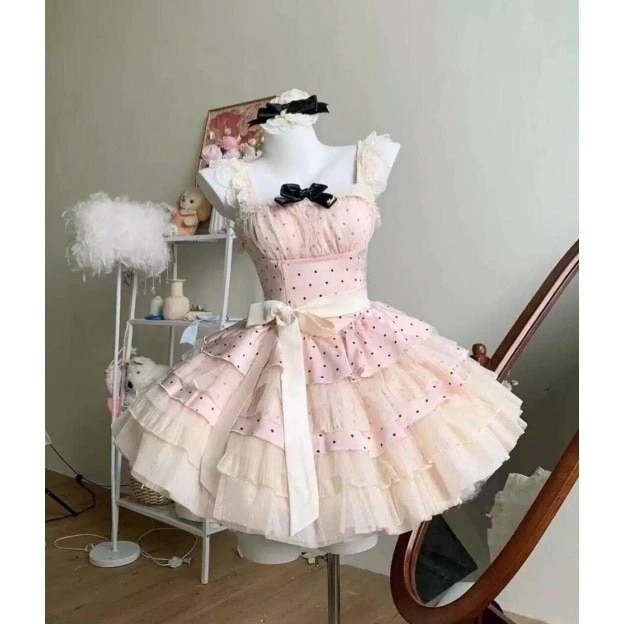 【急速発送】ウエストを丸めて細く見せる姫キャミソールワンピースドットチュールポンポンスカート秋の万能アイテム