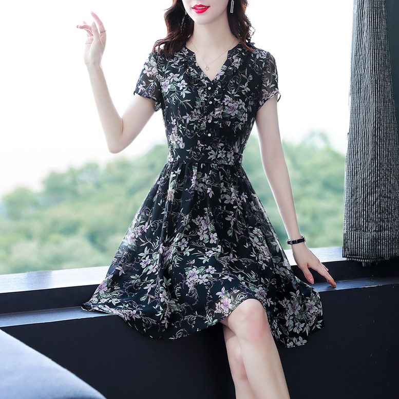 ワンピース レディース 花柄ワンピース ひざ上丈 シャツワンピース シフォン ドレス スキッパー