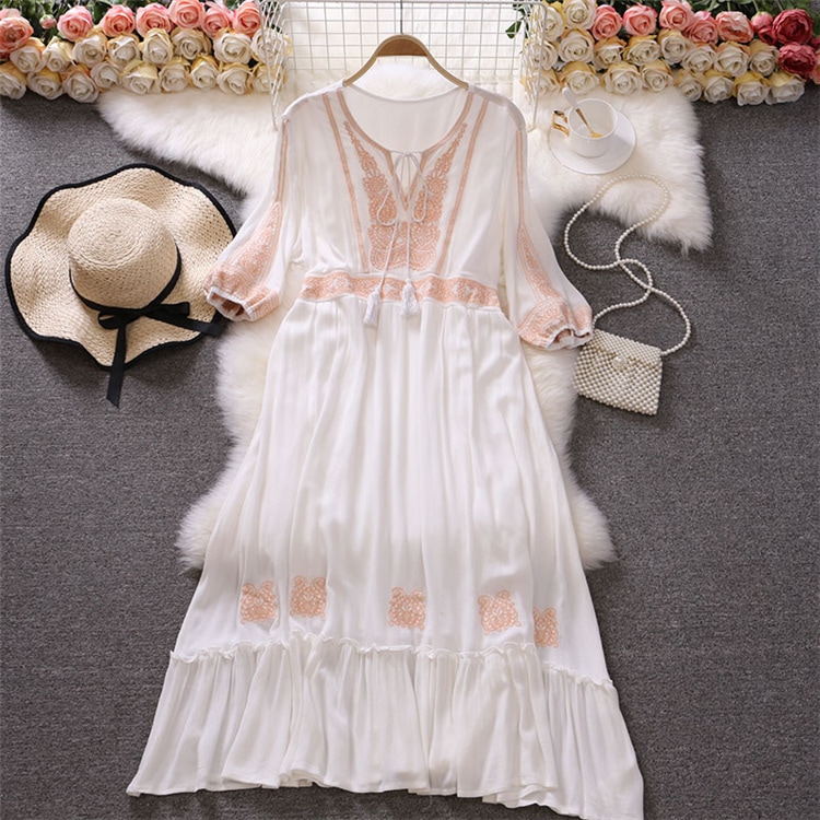 エスニック ボヘミアン 長袖ワンピース 刺繍 ワンピース レディース ラウンドネック キーネック