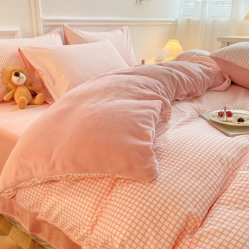 a面ミルクベルベットb面コットン4点セットシンプルチェック柄ストライプウォッシュドコットン片面ベルベット3点セットファライベルベット掛け布団カバー