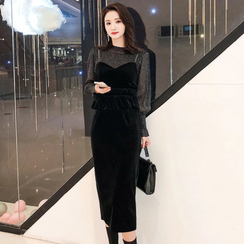 在庫限りパーティードレス 結婚式 服装 お呼ばれ ドレス ロング 袖あり 黒 セットアップ ベロア ワンピース レディース 韓国 ミモレ丈 長袖 大きいサイズ 20代 30代 ペプラム シースルー ス