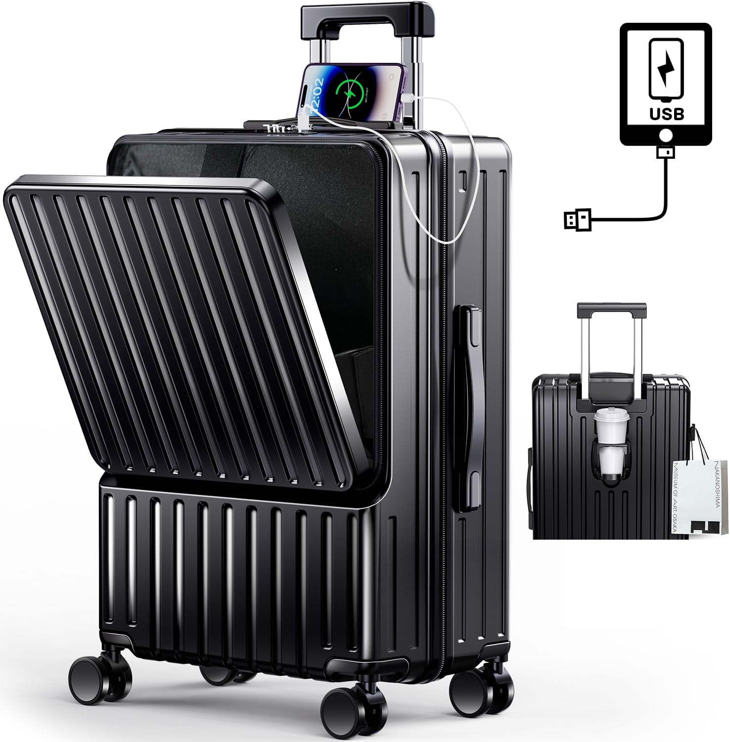 BARGOHOY] スーツケース フロントオープン 多機能 キャリーケース 軽量 カップホルダー付き 隠しフック機能 キャリーバッグ USBポート付き 耐衝撃 静音 360度回転 TSAローク ファス