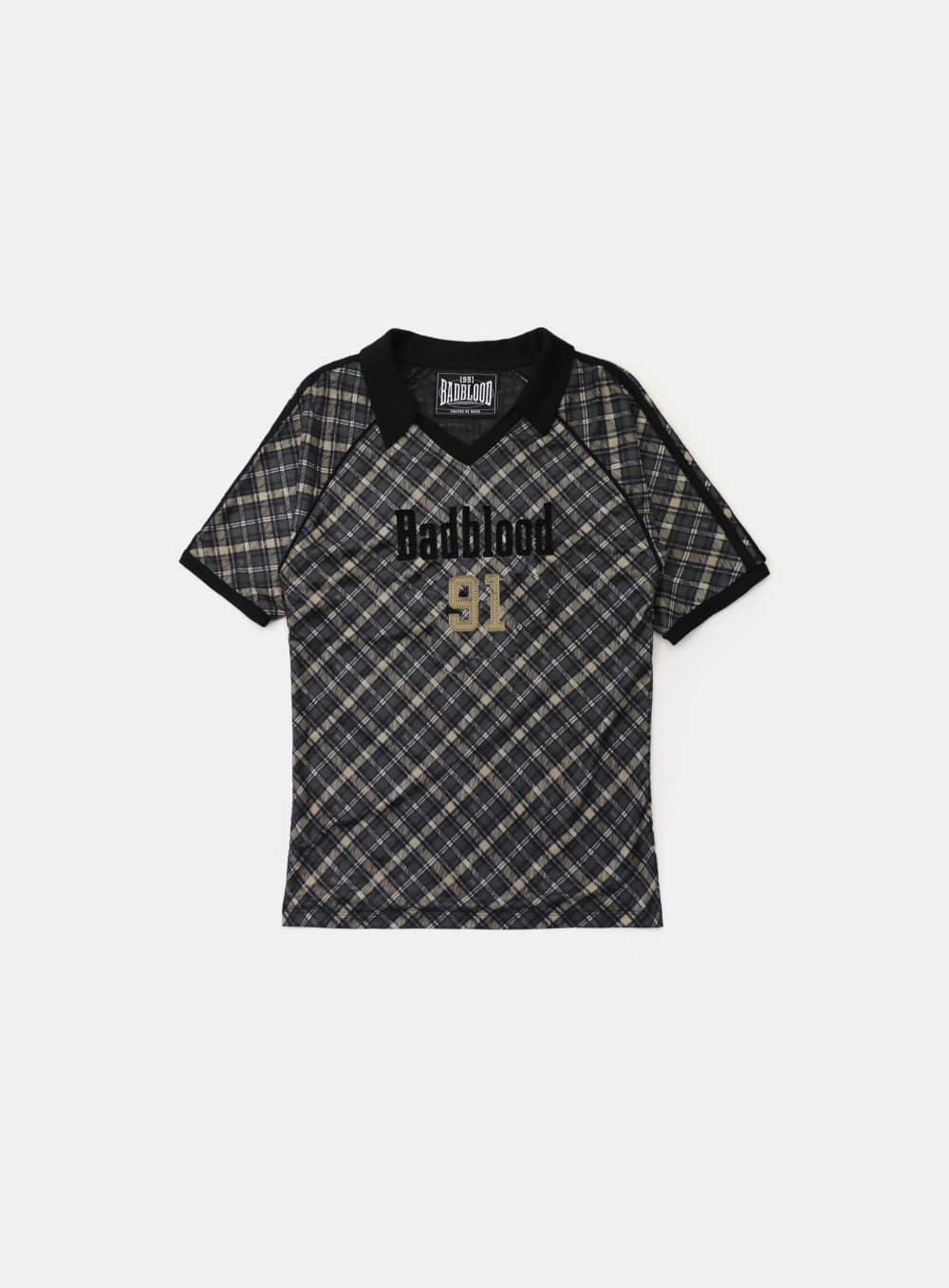 【BADBLOOD】 VINTAGE CLUB RUGBY V-NECK CHECK T-SHIRT : BLACK