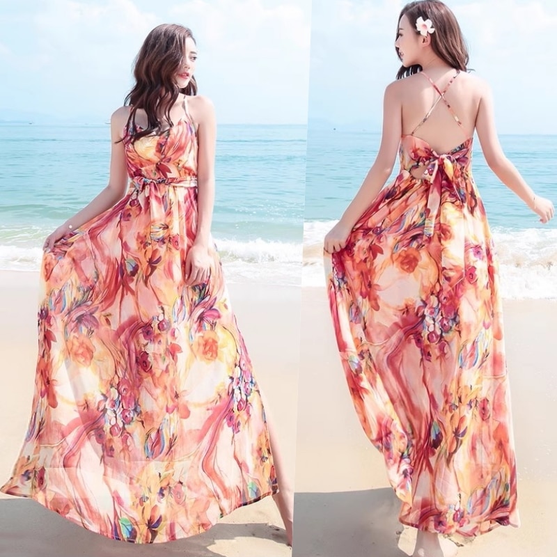 ワンピース レディース スカート ロング丈 派手 総柄 キャミワンピ 袖なし ノースリーブ 膝下 フレア Aライン ゆったり さらっと 襟なし 海外 海 リゾート プール 砂浜 涼し気 楽ちん
