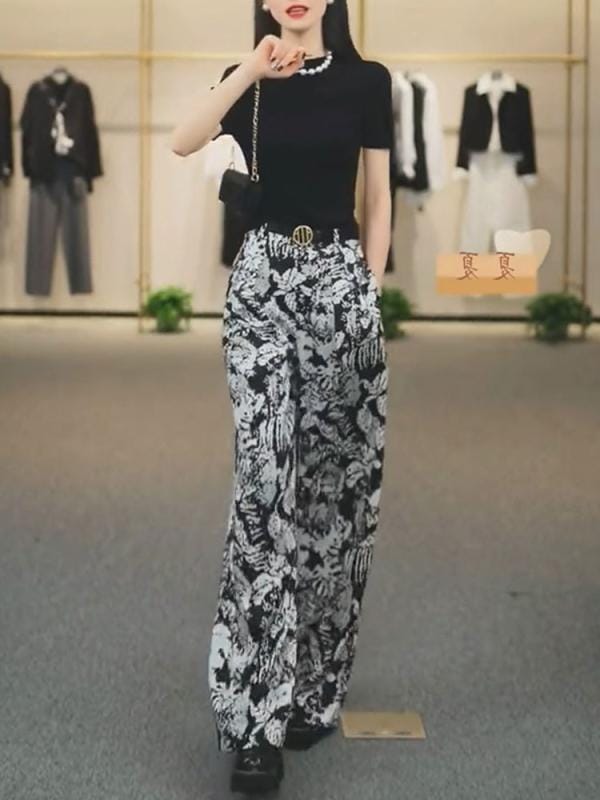 レディース ファッション オシャレ カワイイ シンプル 人カワイイ きいサイズ ハイウエスト プリント ストレート ワイド レッグ スーツ パンツ スリム フロア レングス