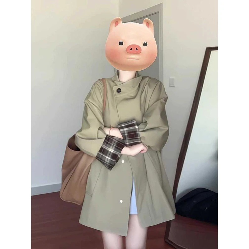 2024秋の高級クラシック衝突色風衣コートのシルエットが痩せてゆるい中長英倫風コートの女性