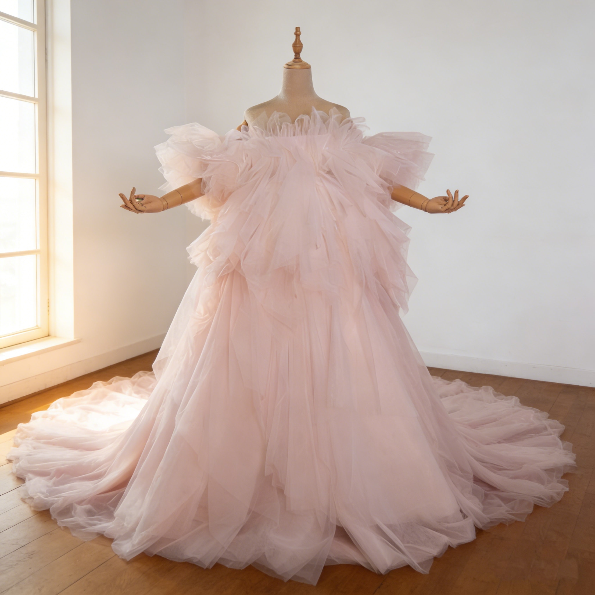 カラードレス ピンク 取り外し可能な付け袖 ソフトチュール 華やかなトレーン 結婚式 前撮り