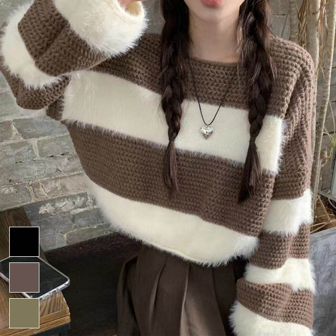 生地違いのボーダーが可愛いショート丈ニット ニット クロップド丈 ショート丈 ボーダー シャギーニット 大人カジュアル おしゃれ おでかけコーデ 通学 学生 レディース 秋冬冬冬