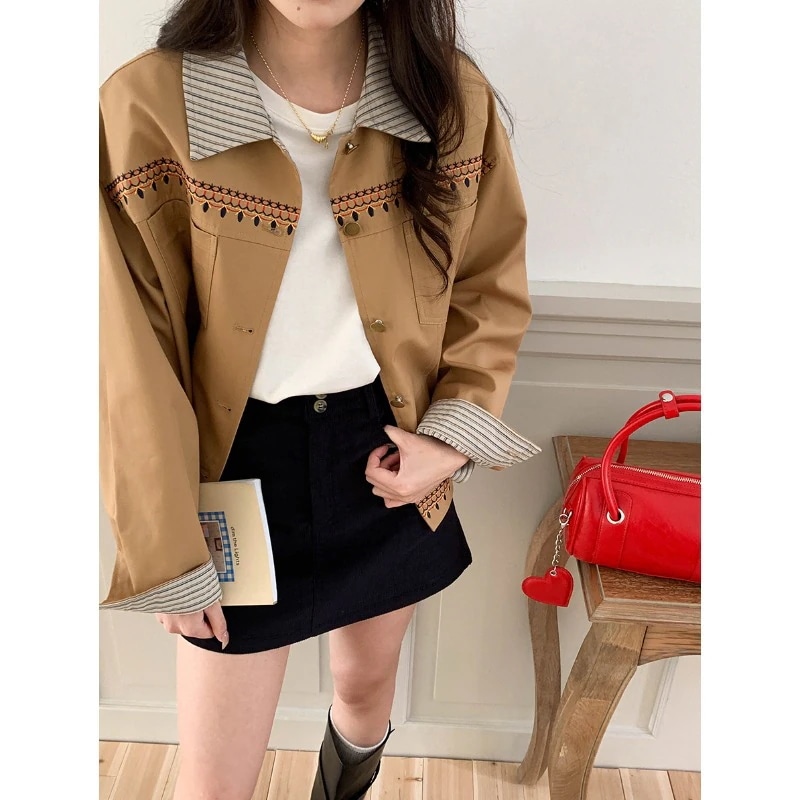 カジュアル ジャケット 新作 ストライプ ショート丈 カラー 早秋 刺繍