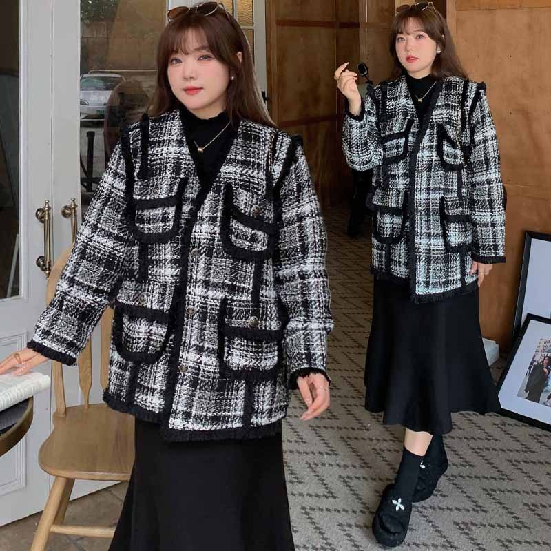 【ぽちゃまに】 冬 ドッキング 格子柄 コート ラジャー 裏起毛 大きいサイズ レトロ 体型カバー レディース アウター メガ割