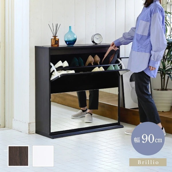 薄型 ミラーシューズラック 幅90cm 奥行33cm シンプル 省スペース フラップ扉